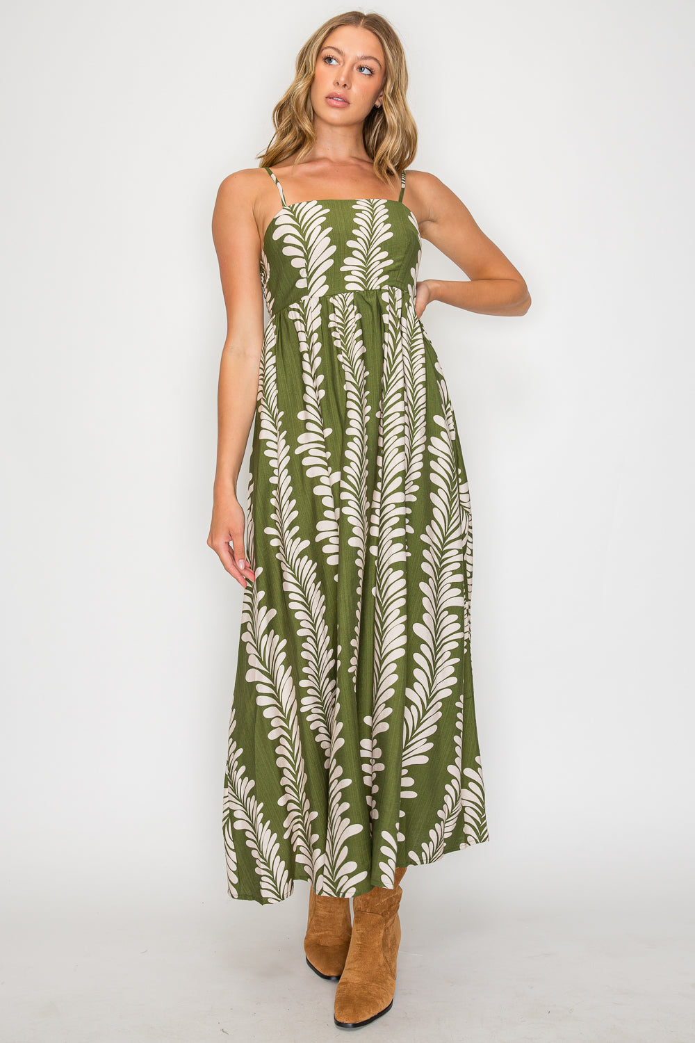 Leaf Cascade Botanical Print Maxi Dress