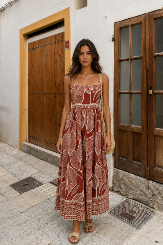 Rustic Leaf Code Smocked Maxi Dress