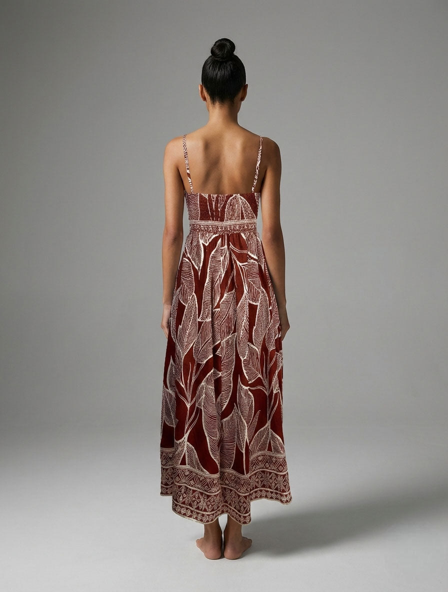 Rustic Leaf Code Smocked Maxi Dress