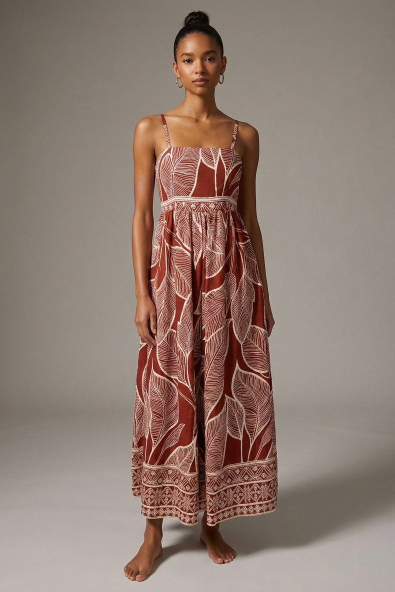 Rustic Leaf Code Smocked Maxi Dress