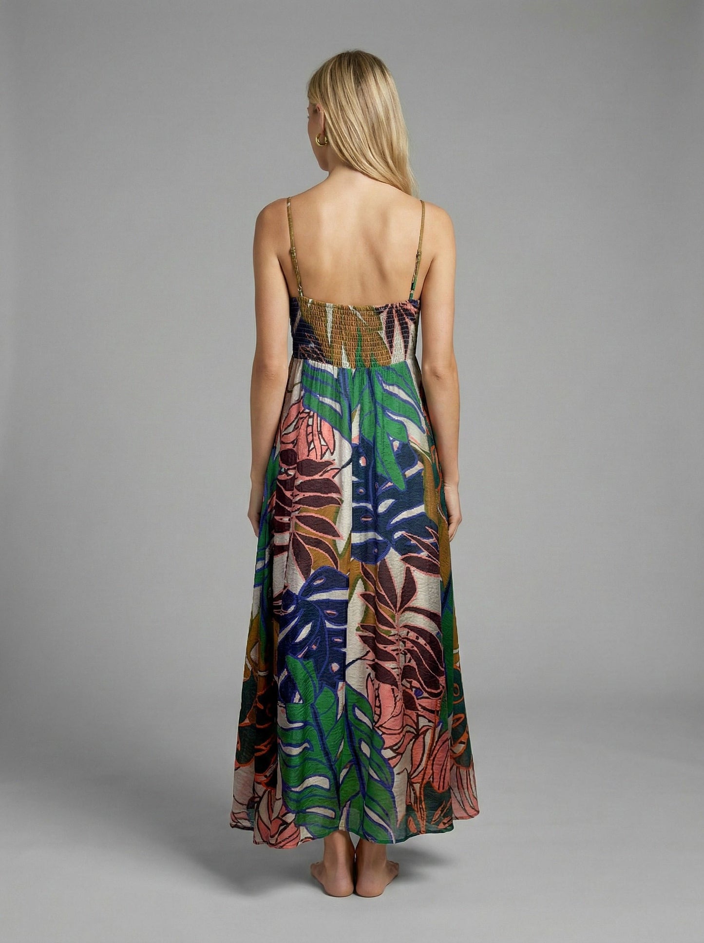 Tropical Botanical Print Smocked Maxi Dress
