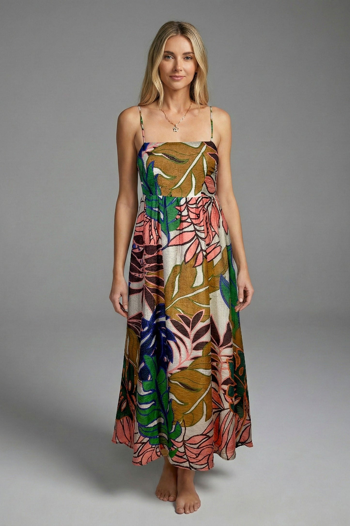 Tropical Botanical Print Smocked Maxi Dress