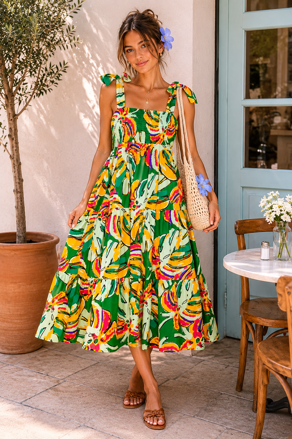 Woman in a colorful dress standing outdoors near a building entrance.