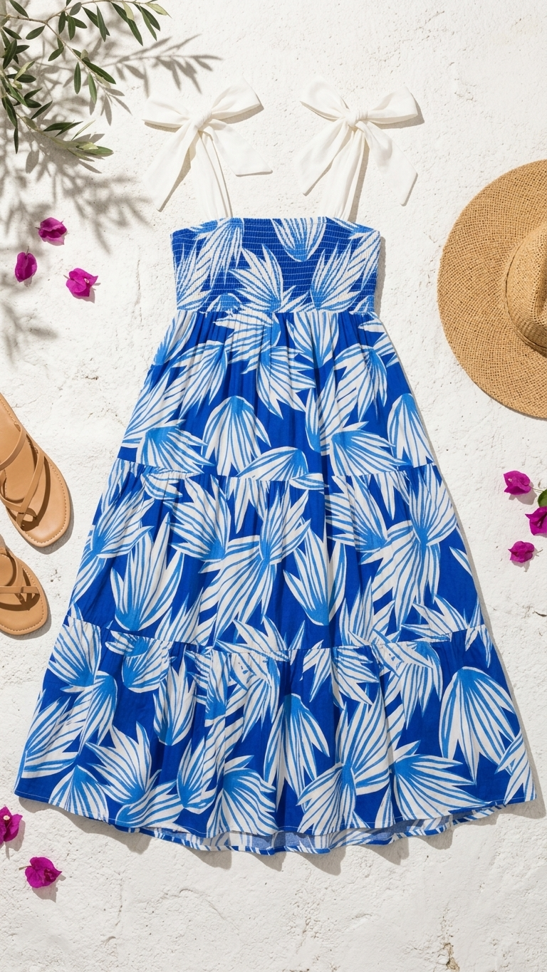 Flat lay of the Eos Breeze Midi Dress, a blue and white palm print tiered midi dress featuring white tie-shoulder bows and a smocked bodice on a white stone background.