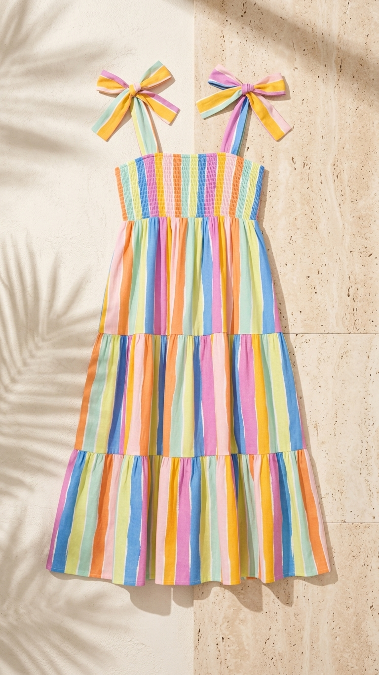 Flat lay of the Sirena Stripe Midi Dress, a multi-colored vertical stripe tiered midi dress featuring tie-shoulder bows and a smocked bodice on a stone background.