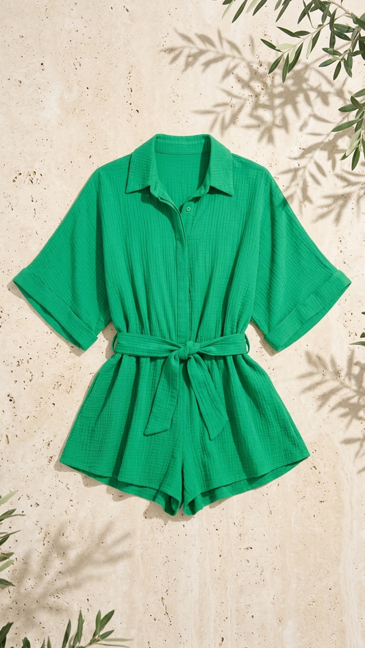 Jade Island Shirt Romper, Jade Island Shirt, women's matching set, resortwear style, feminine boutique style by Meet Me in Santorini