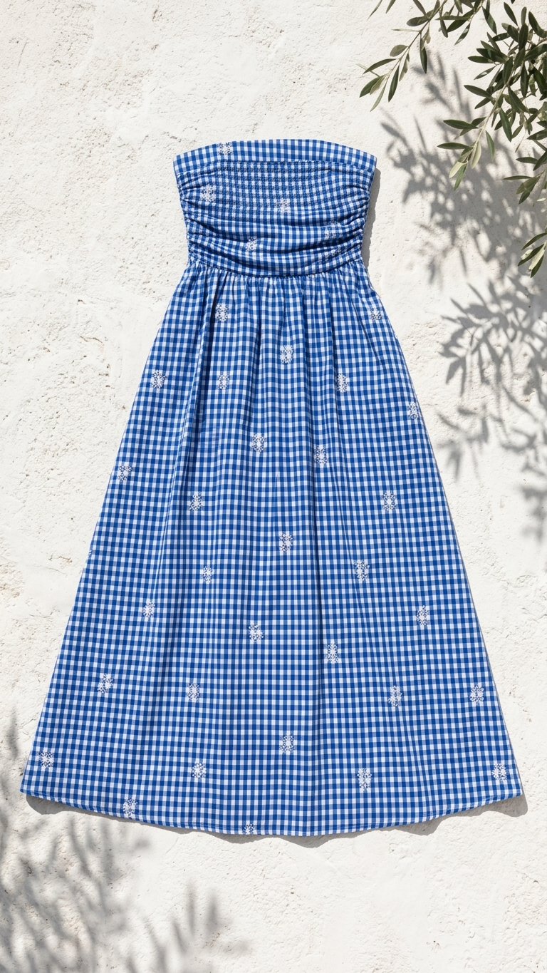 Flat lay of the Azure Lace Tubi Maxi Dress, a blue and white gingham strapless maxi dress featuring a smocked bodice and white lace embroidery on a stone background.