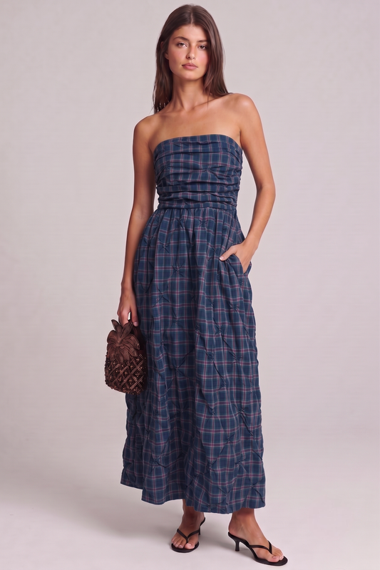 Navy Plaid Strapless Ruched Smocked Maxi Dress