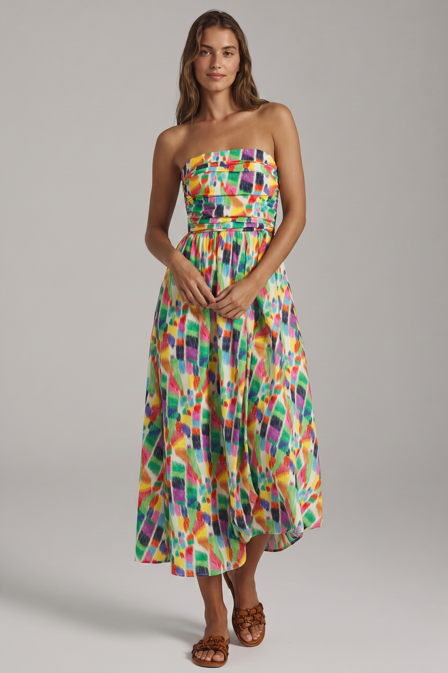 Rainbow Strokes Strapless Printed Midi Dress