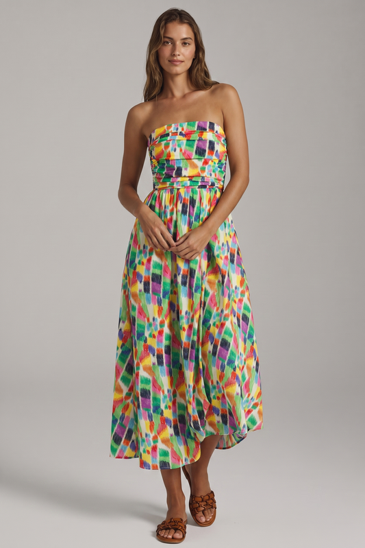 Rainbow Strokes Strapless Printed Midi Dress