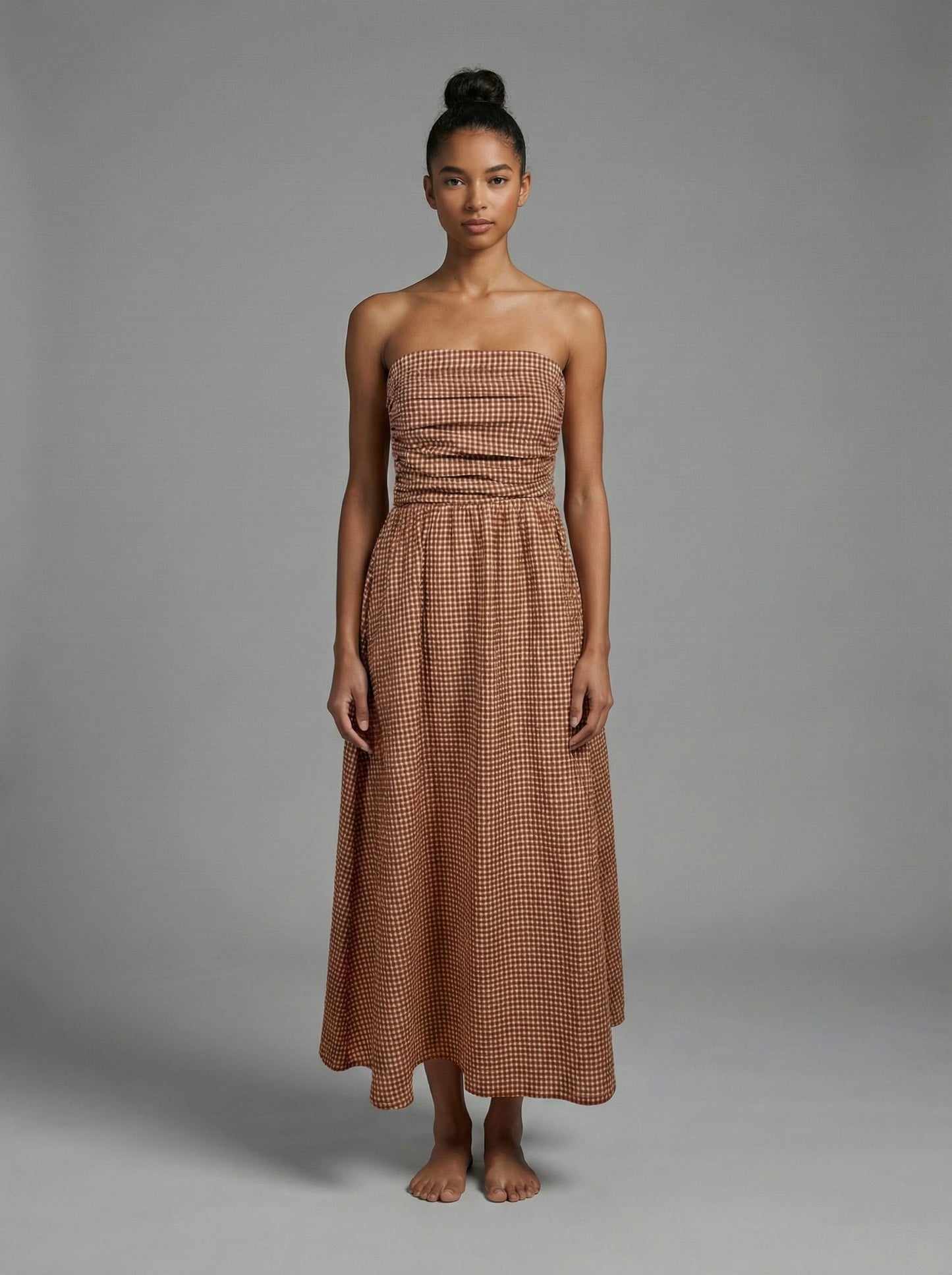 Terracotta Check Smocked Strapless Maxi Dress