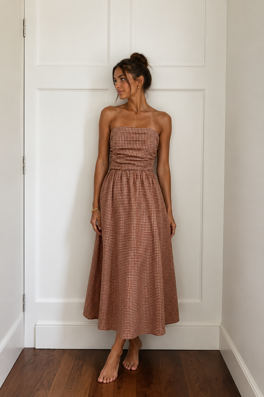 Terracotta Check Smocked Strapless Maxi Dress