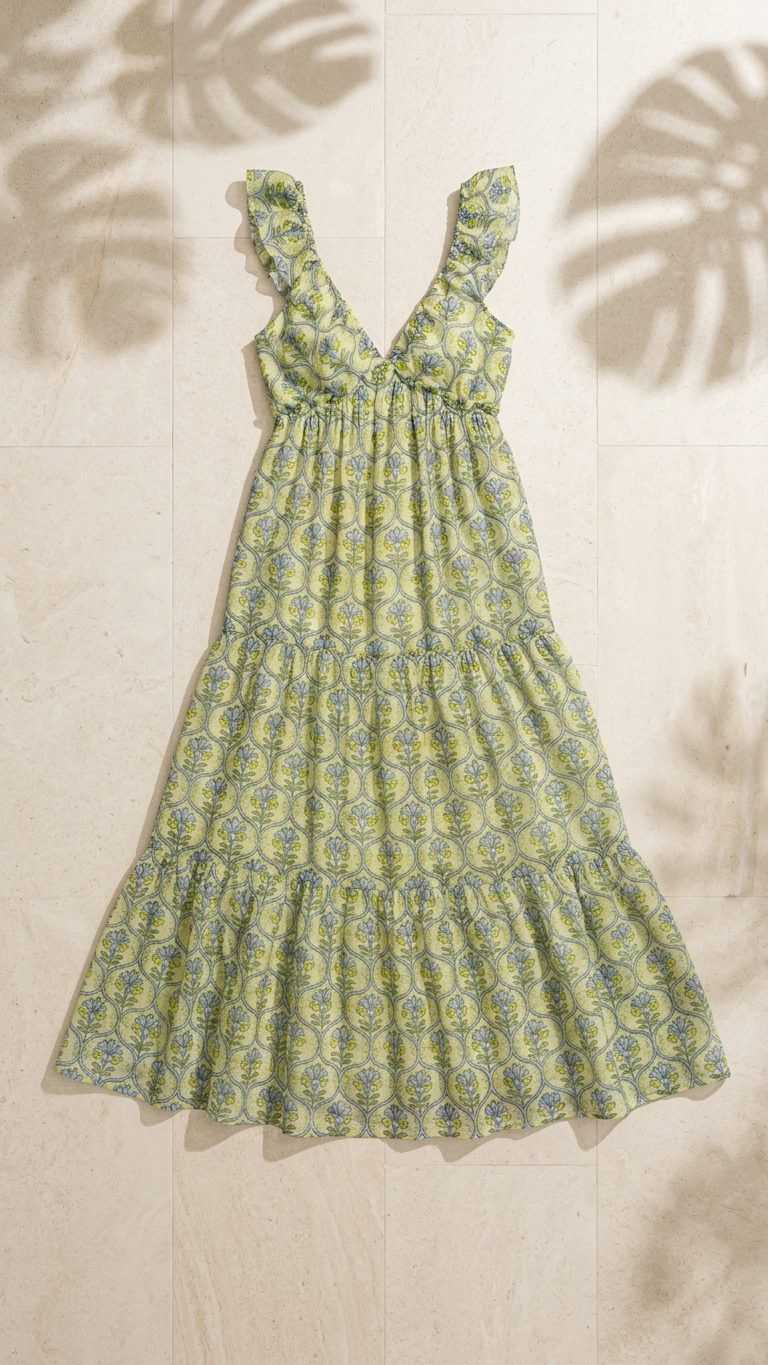 Model wearing the Helios Harvest Maxi Dress, a sage green and blue floral print tiered maxi dress featuring a V-neckline, smocked waist, and ruffled shoulder straps.