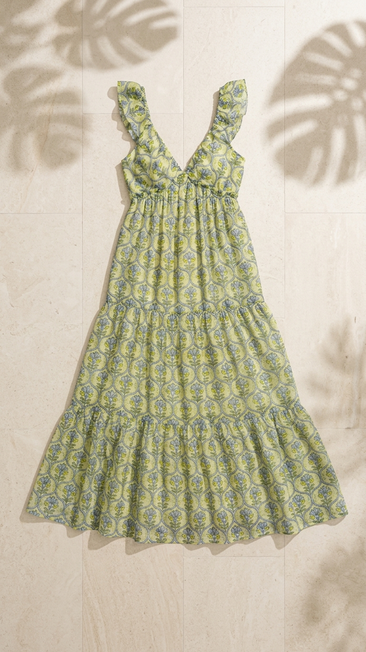 Model wearing the Helios Harvest Maxi Dress, a sage green and blue floral print tiered maxi dress featuring a V-neckline, smocked waist, and ruffled shoulder straps.