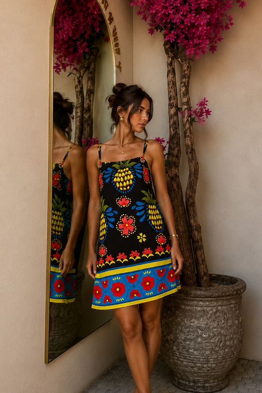 Front view of a woman leaning against an arched gold floor mirror next to a potted bougainvillea tree, wearing the Ionian Charm Shift Dress, a black mini dress with a vibrant yellow pineapple and red floral print.