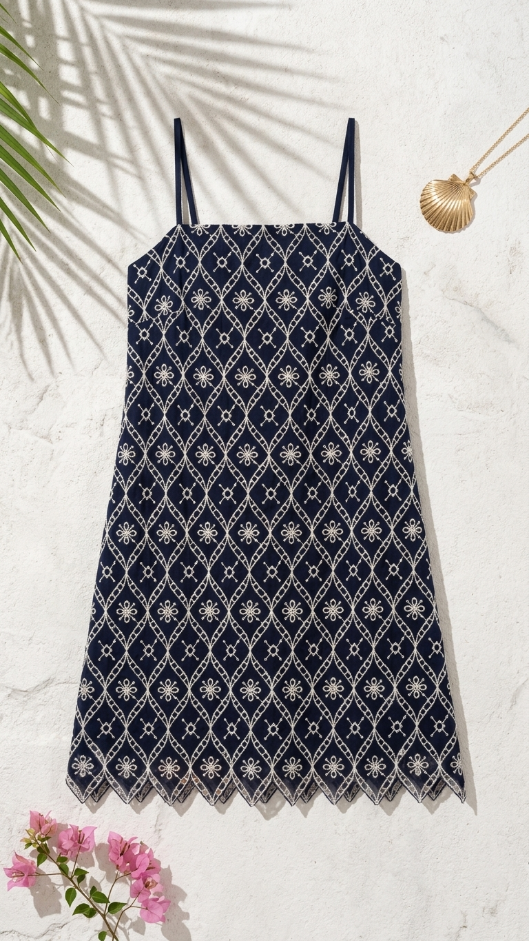 Flat lay of Selene's Embroidery Mini Dress, a navy blue cotton poplin shift dress featuring a cream diamond lattice print and a zig-zag scalloped hem.