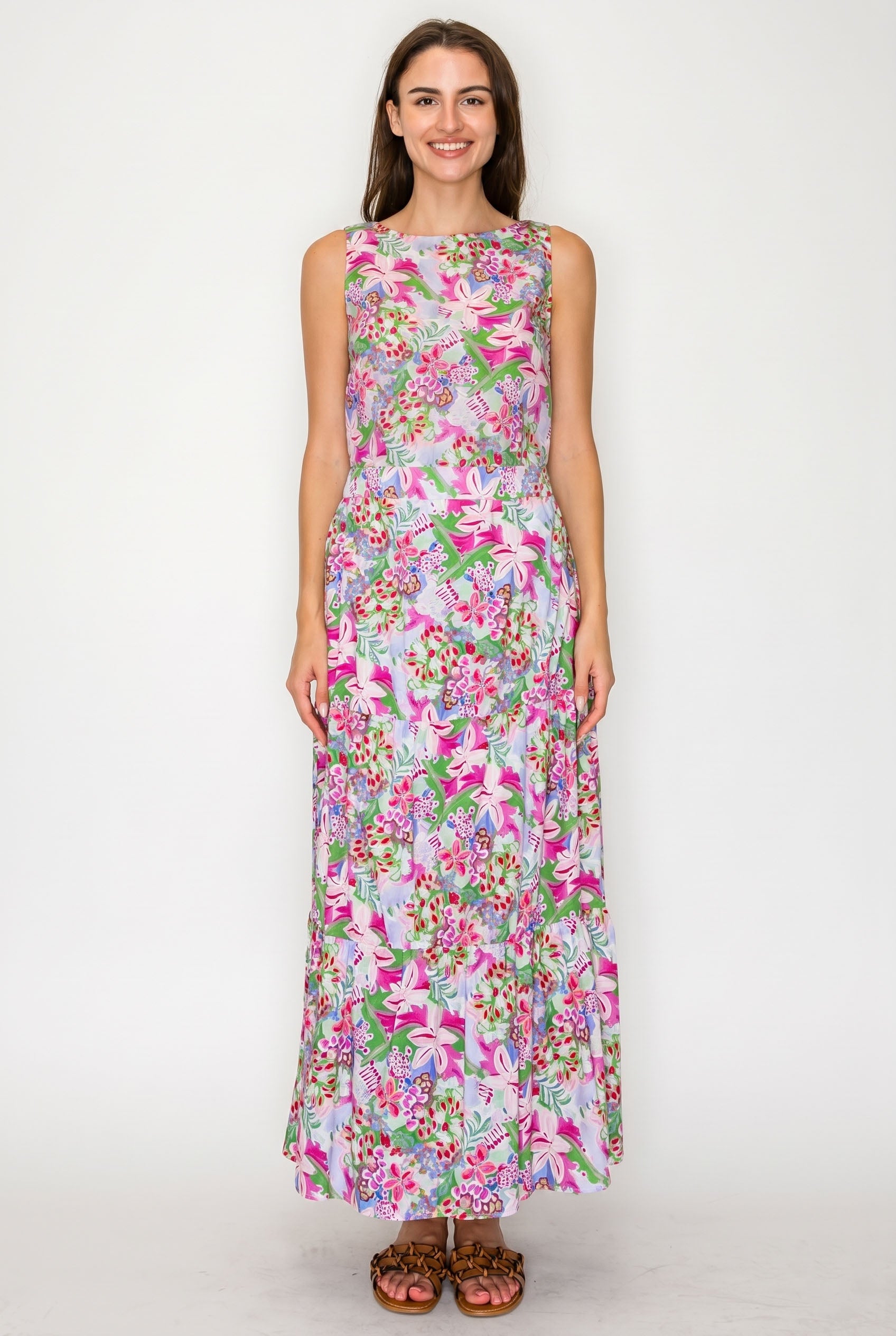 Woman wearing a floral dress on a white background