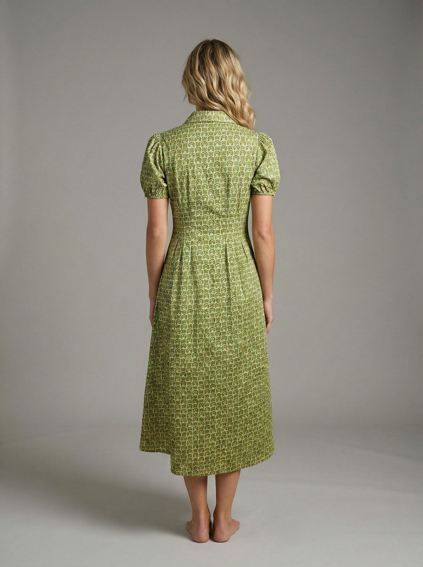 Olive Lotus Print Button Front Midi Dress