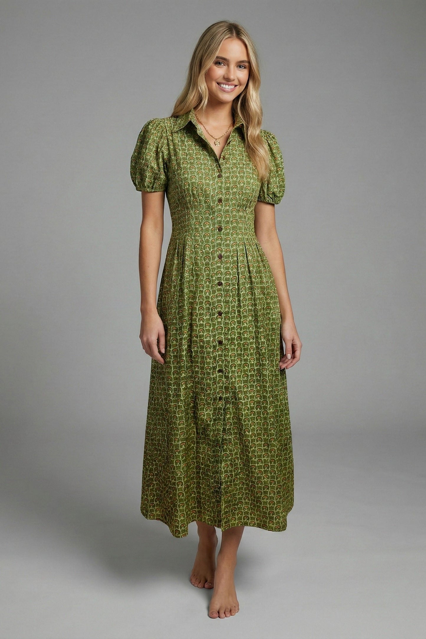 Olive Lotus Print Button Front Midi Dress