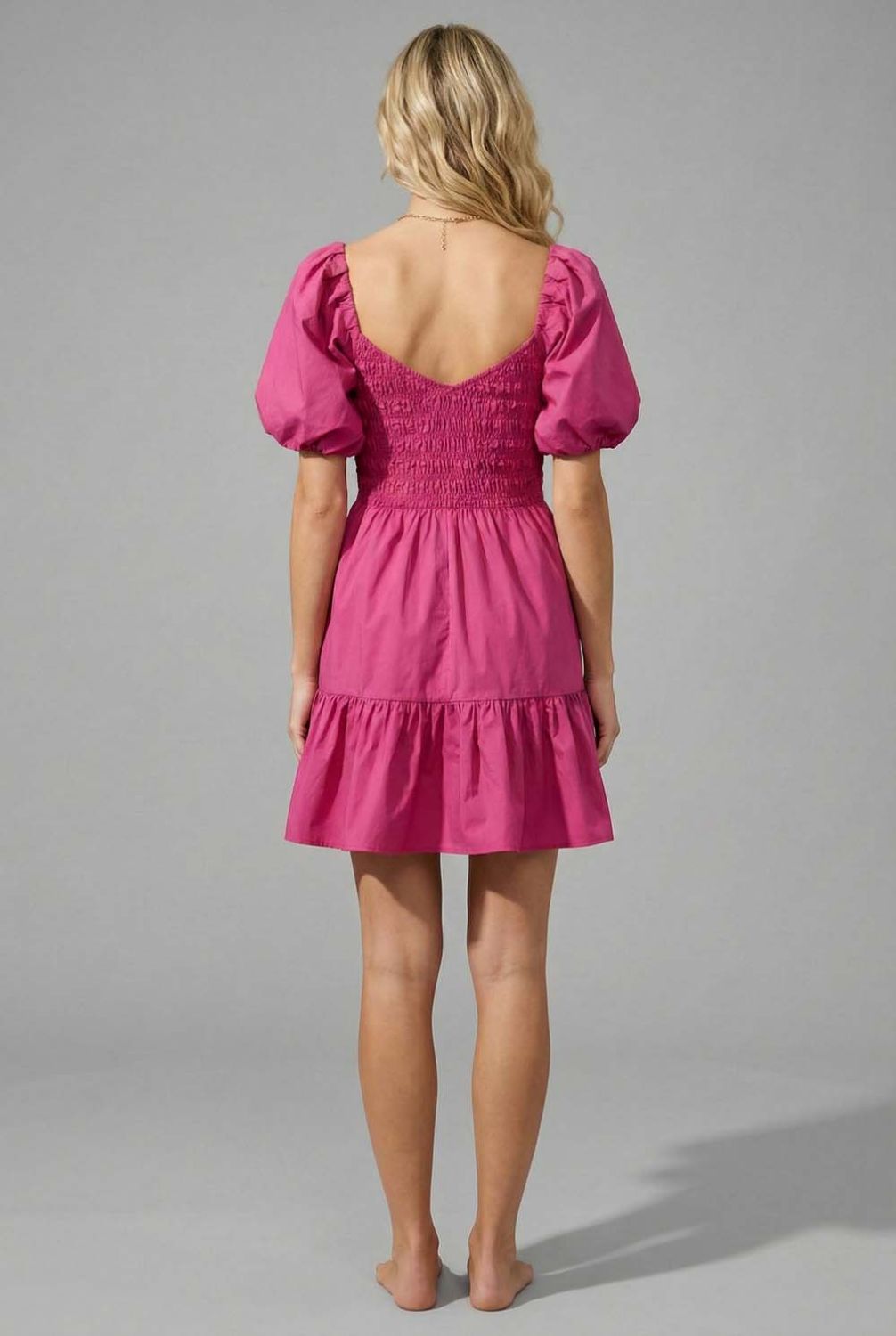 Deep Pink Smocked Puff Sleeve Mini Dress