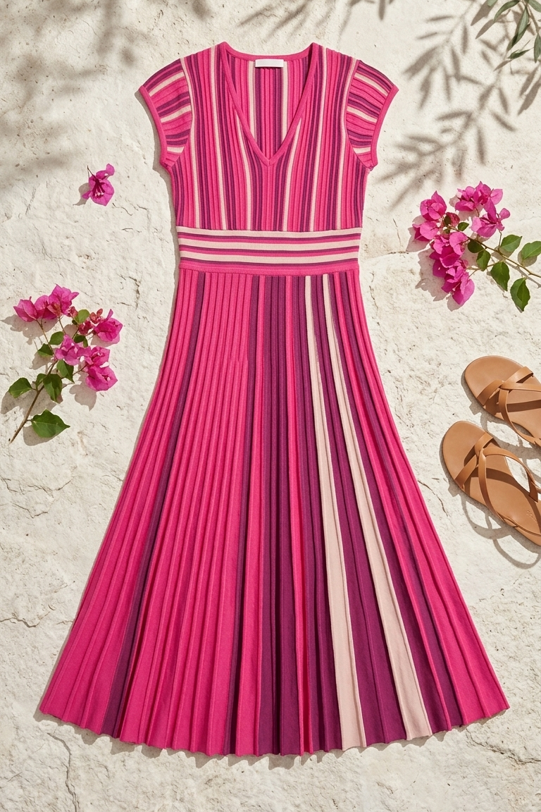 Flat lay of the Multi Stripe Knit Midi Dress, a vibrant A-line knit dress featuring pink and purple vertical stripes, a V-neckline, and a sunray pleated skirt.