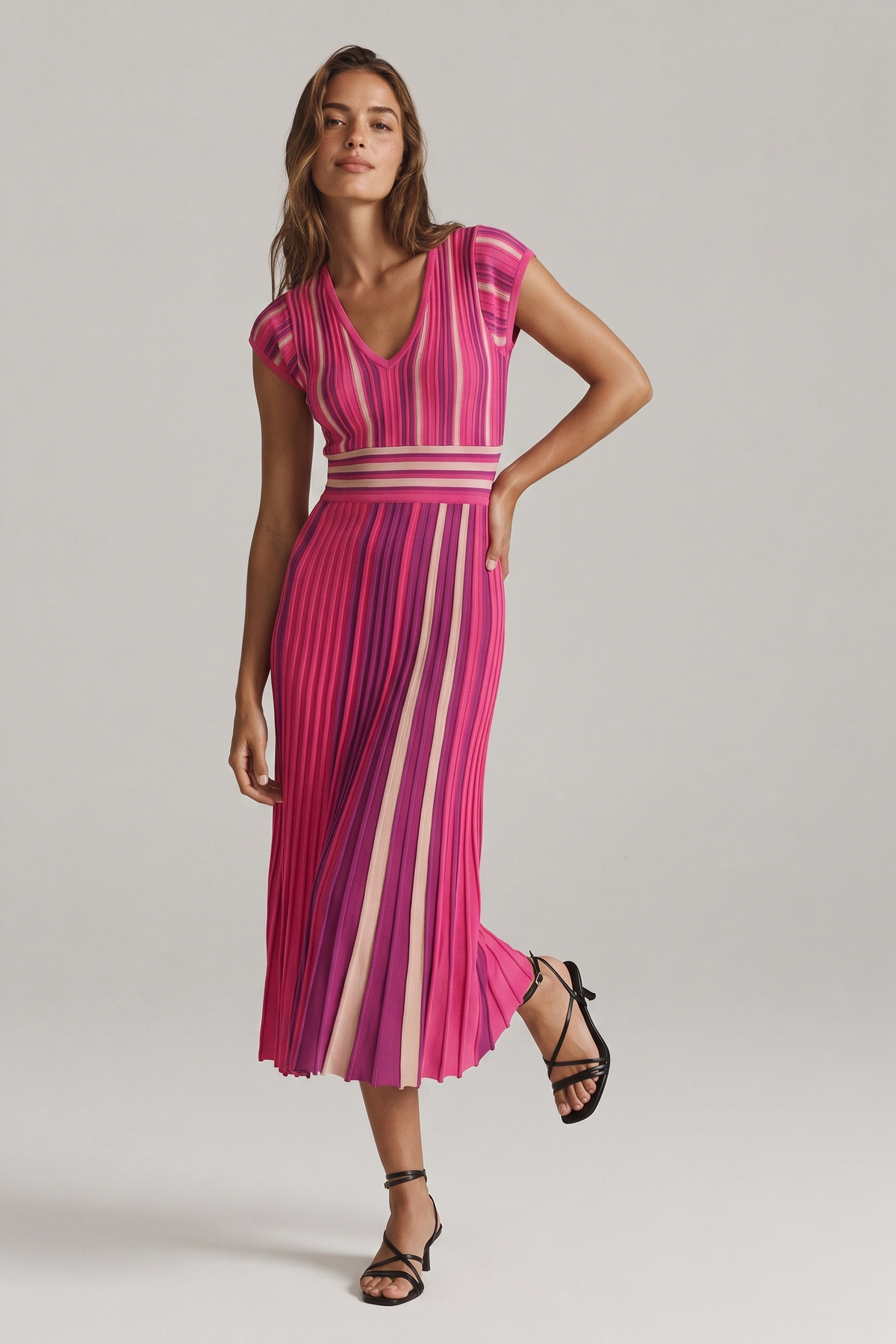 Multi Stripe Knit Pleated Midi Dress