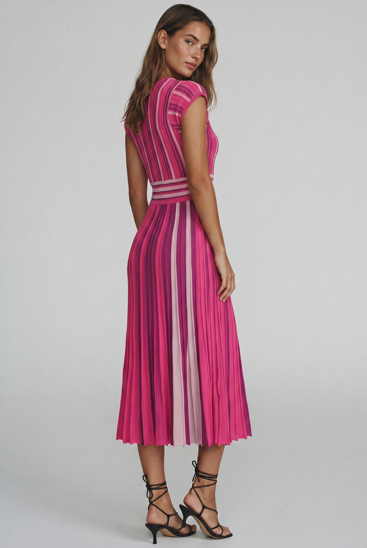 Multi Stripe Knit Pleated Midi Dress
