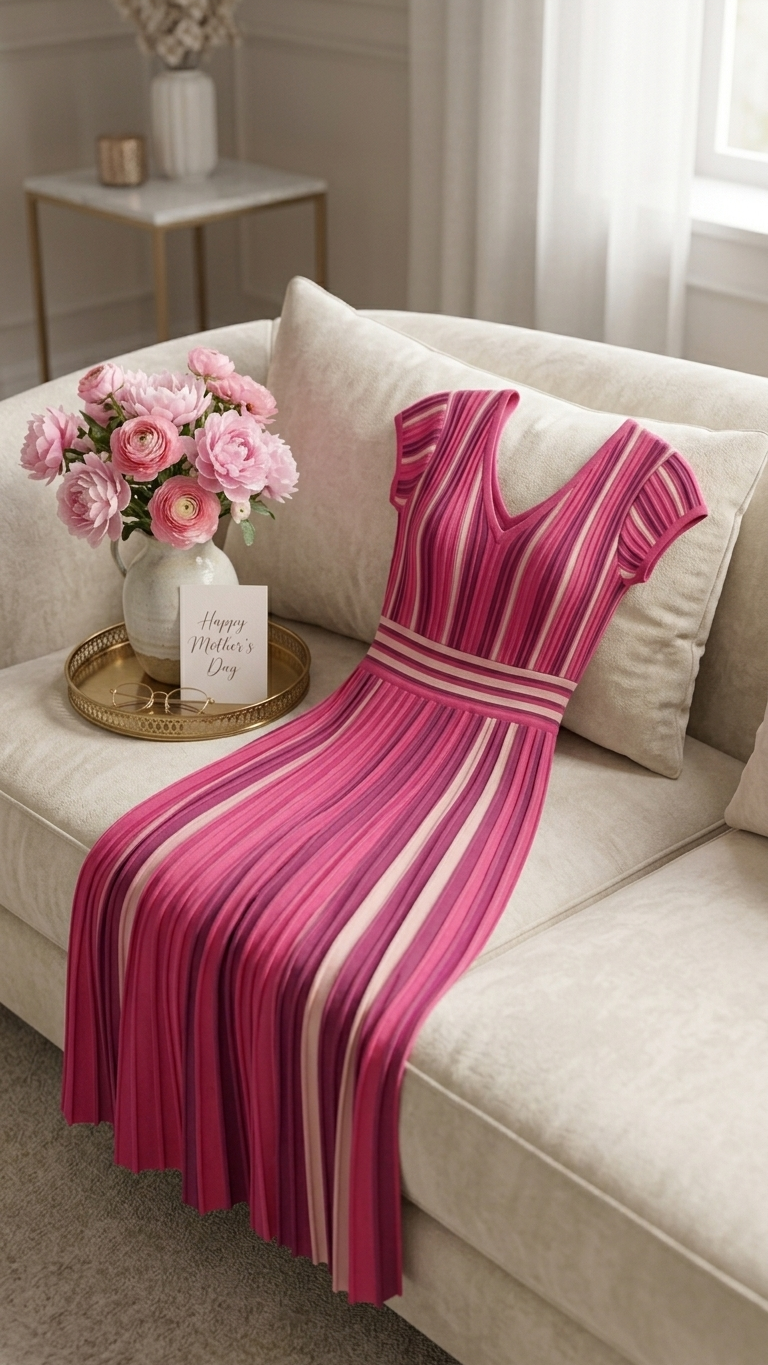 Multi Stripe Knit Pleated Midi Dress