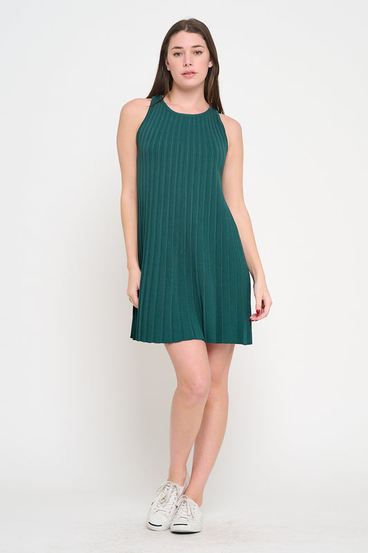 Sweater Rib Short Dress with high neckline, sleeveless cut, and mini A-line silhouette in ribbed knit fabric.