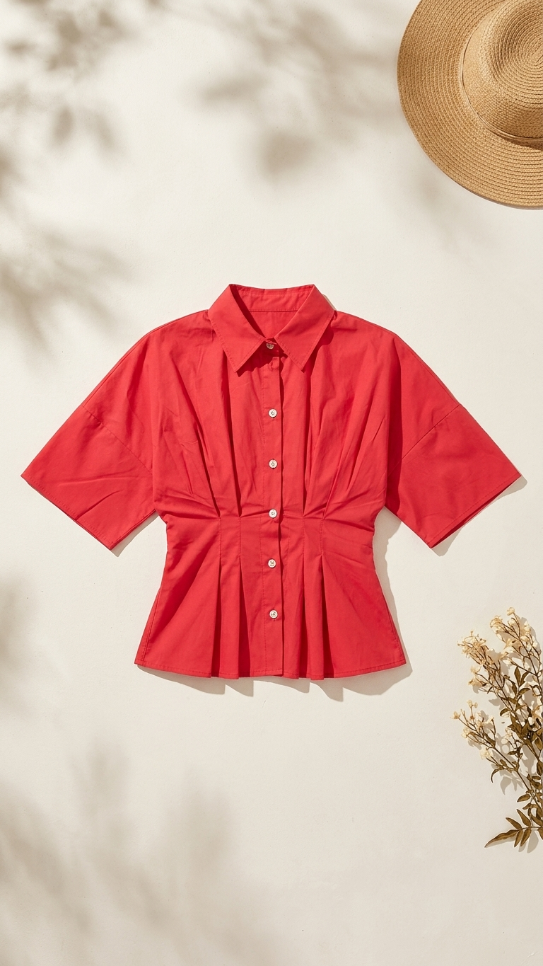 Red Poplin Pin-Tucked Shirt