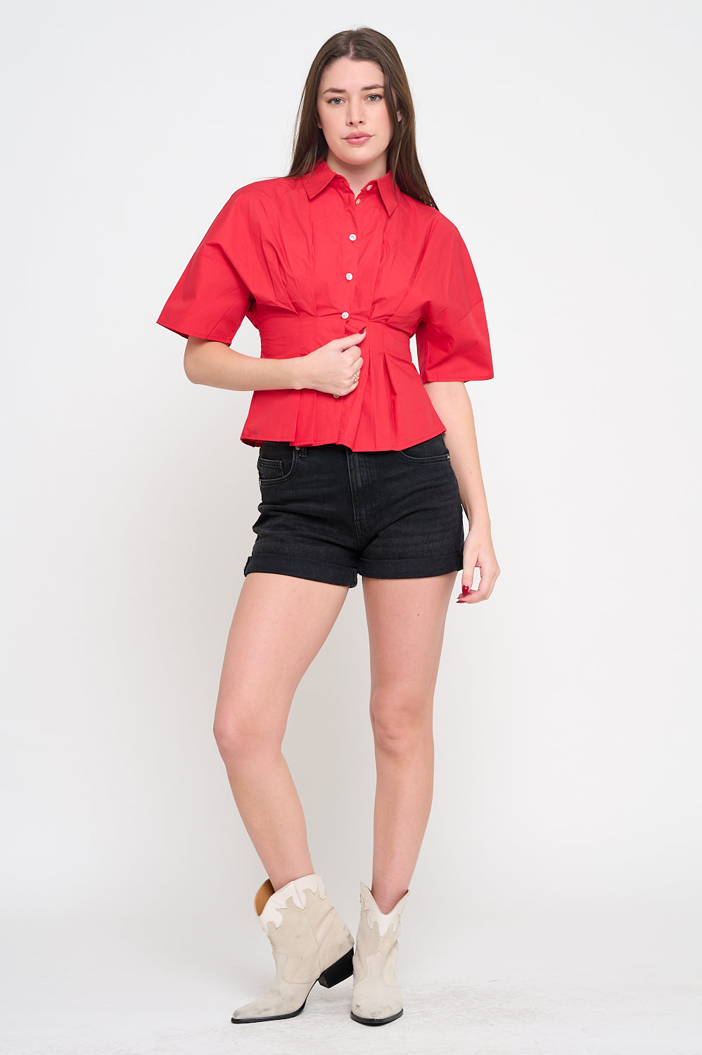 Red Poplin Pin-Tucked Shirt