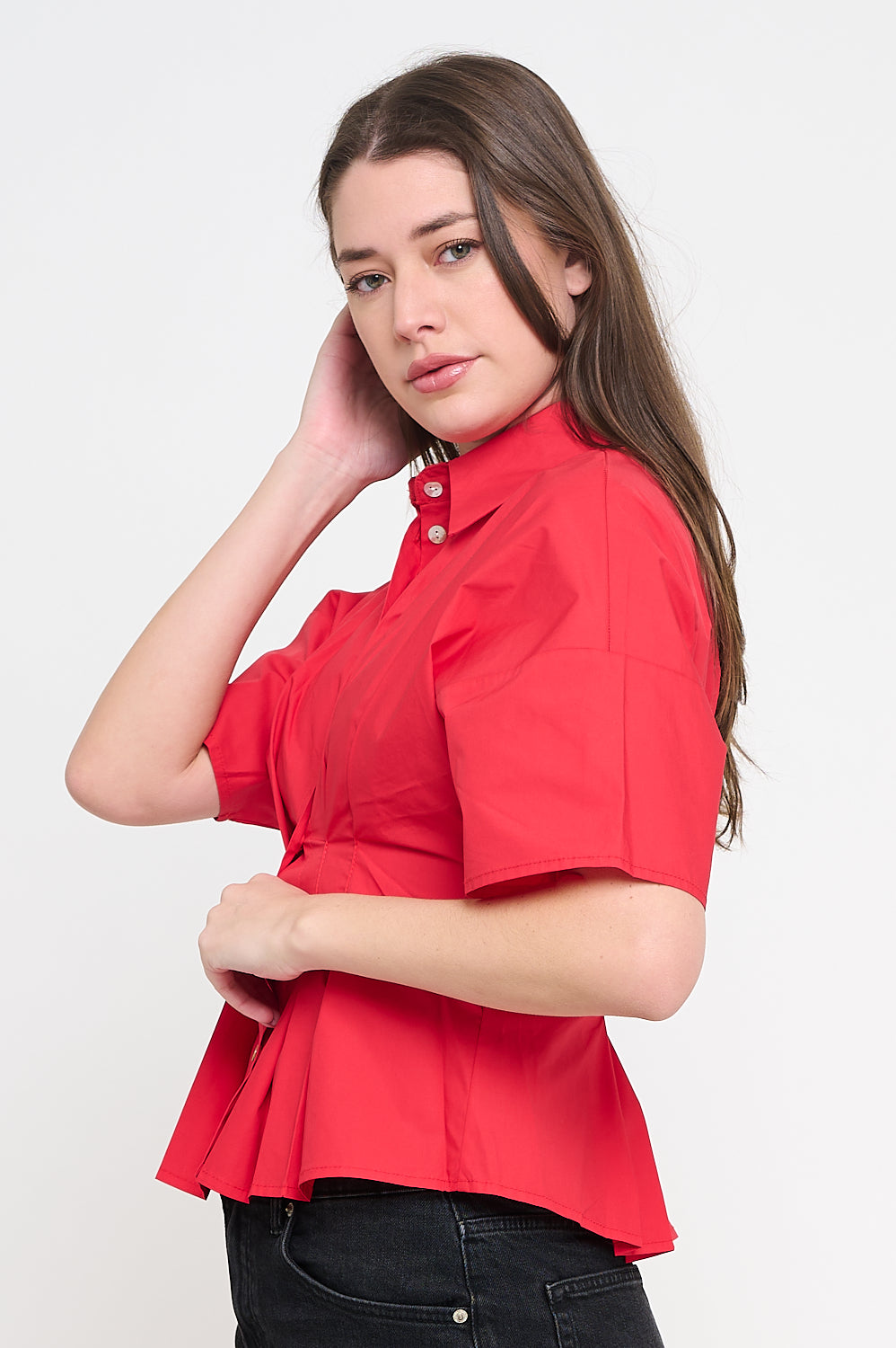 Red Poplin Pin-Tucked Shirt