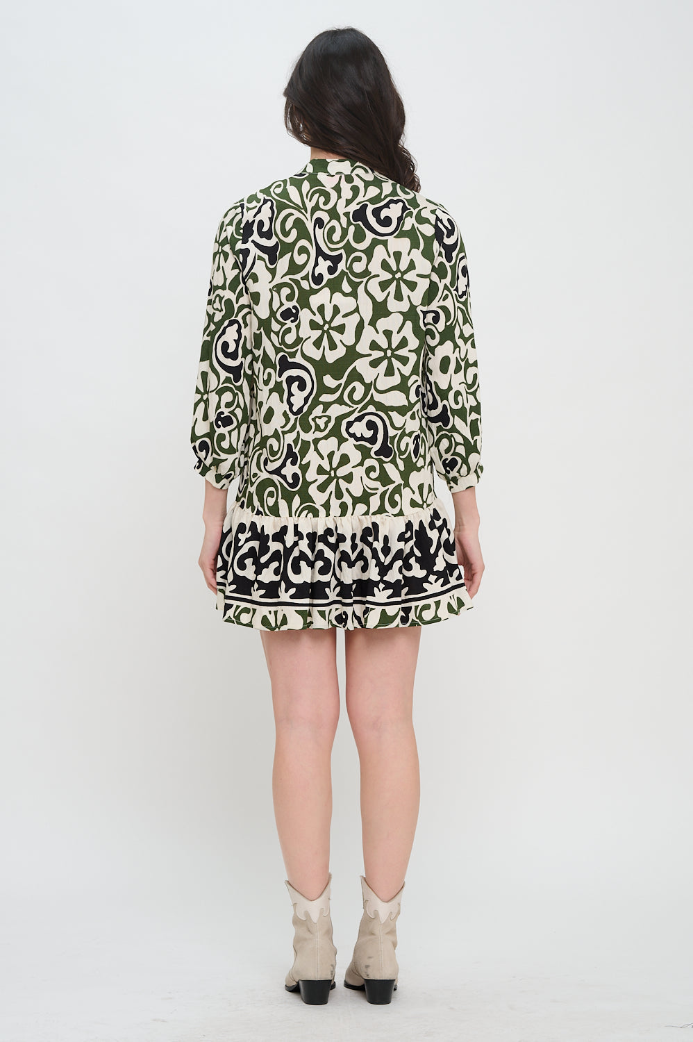 Olive Scroll Long Sleeve Short Dress