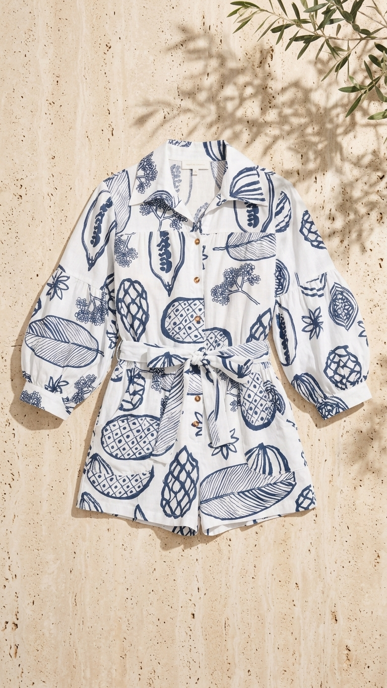 Flat lay of the Fruit Delight Romper, a white linen-blend romper featuring a blue fruit illustration print, long lantern sleeves, and a button-front closure on a stone background.