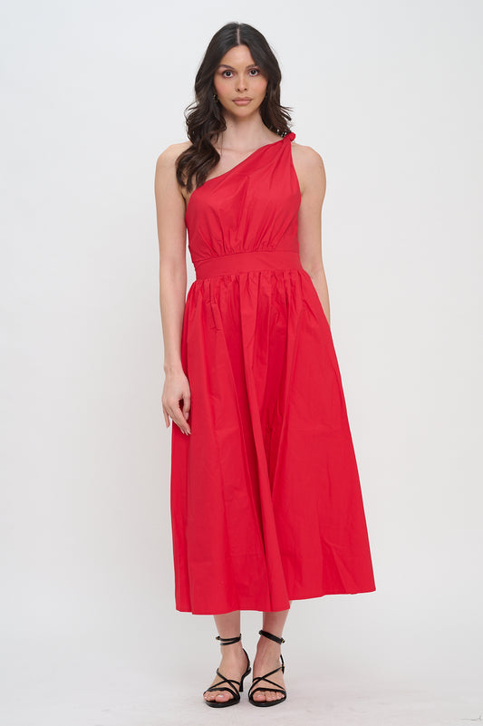 Model wearing the Red Poplin One Shoulder Maxi Dress with knotted strap and full A-line skirt