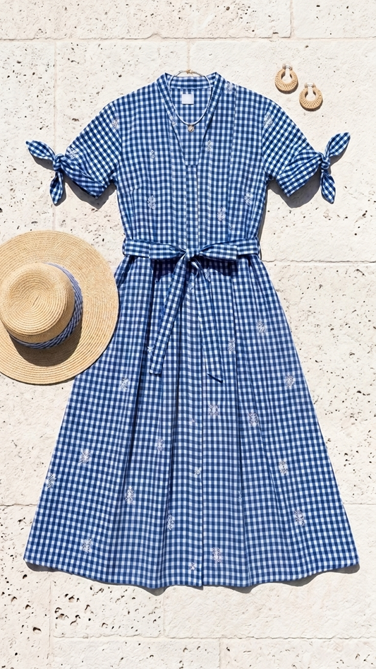 Flat lay of the Azure Lace Shirt Midi Dress, a blue and white gingham shirt dress featuring tie-sleeves and lace embroidery on a stone background with a straw hat and woven earrings.