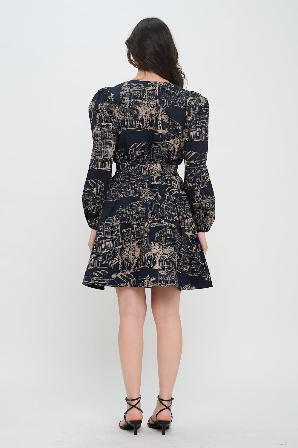 Santorini Midnight Sketch Lonng Sleeve Short Dress