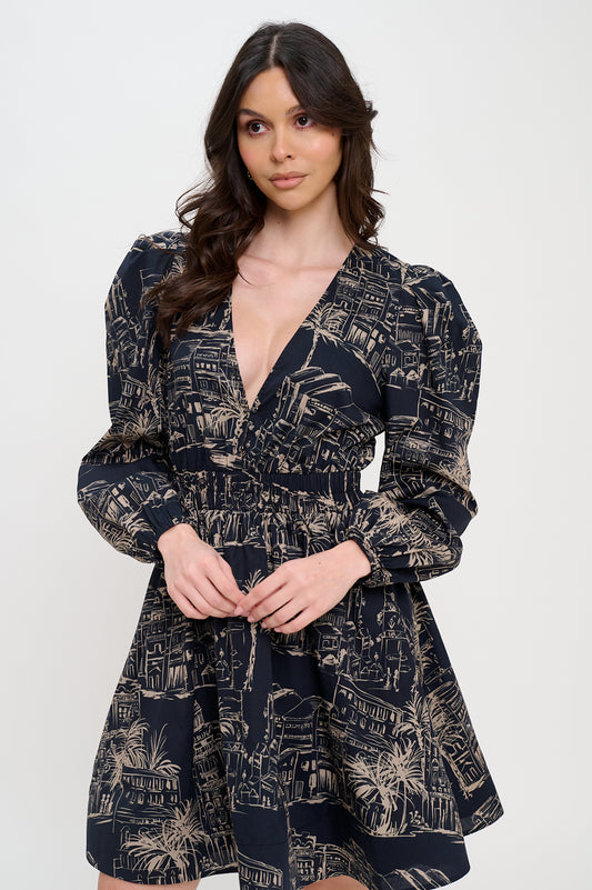 Santorini Midnight Sketch Lonng Sleeve Short Dress