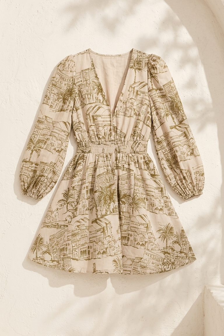 Santorini Olive Sketch Voile Smocked Mini Dress