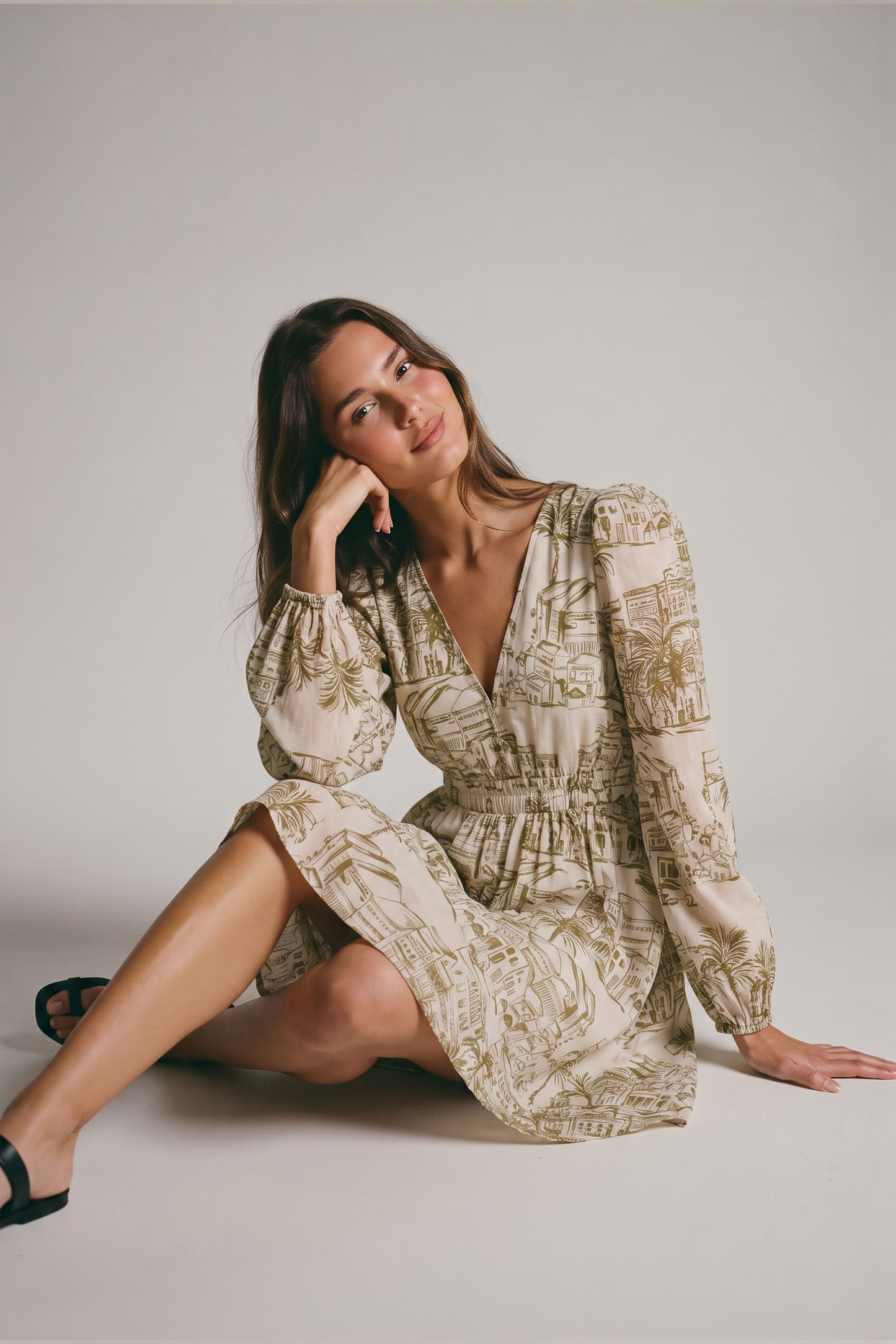 Santorini Olive Sketch Voile Smocked Mini Dress