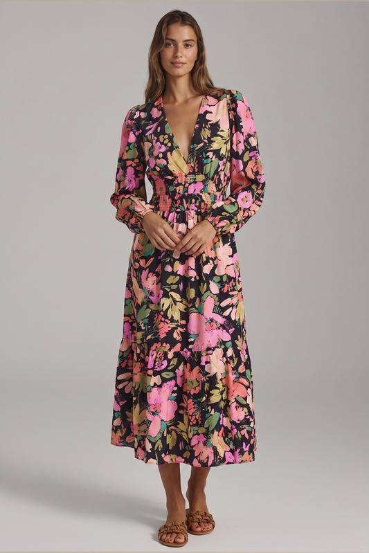 Midnight Garden Floral Smocked Maxi Dress