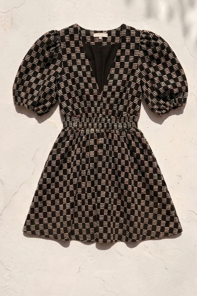 Midnight Weave Geometric Puff Sleeve Mini Dress
