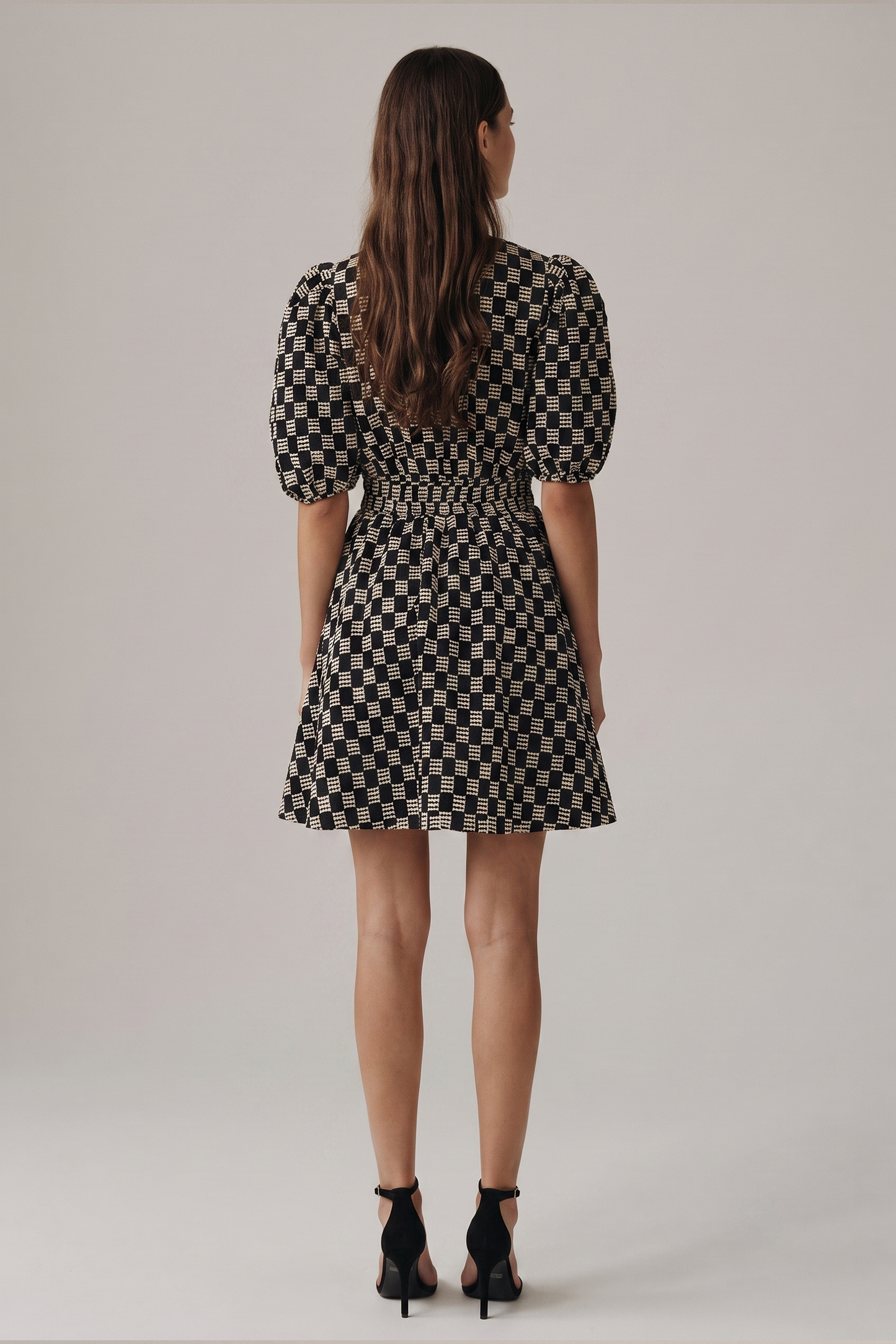 Midnight Weave Geometric Puff Sleeve Mini Dress