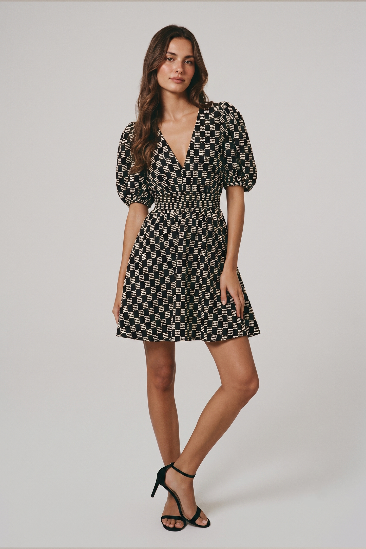Midnight Weave Geometric Puff Sleeve Mini Dress
