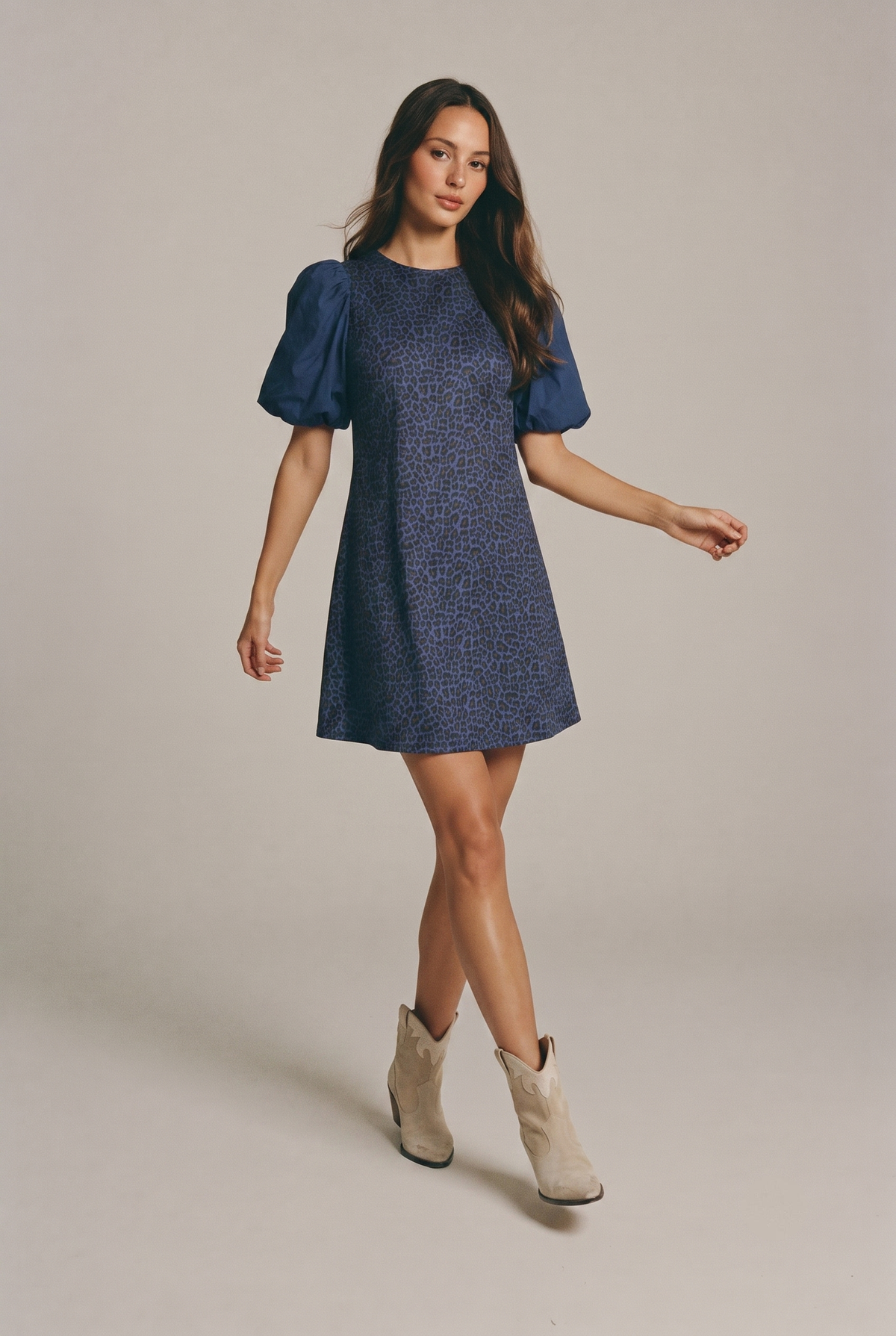 Aegean Wild Leopard Puff Sleeve Mini Dress