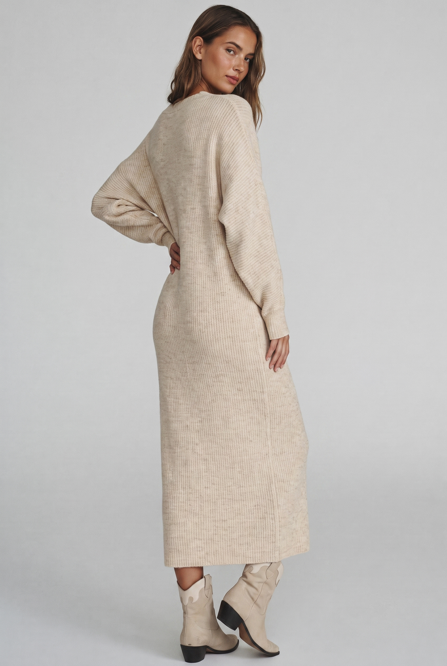 Cozy Oatmeal V-Neck Maxi Sweater Dress