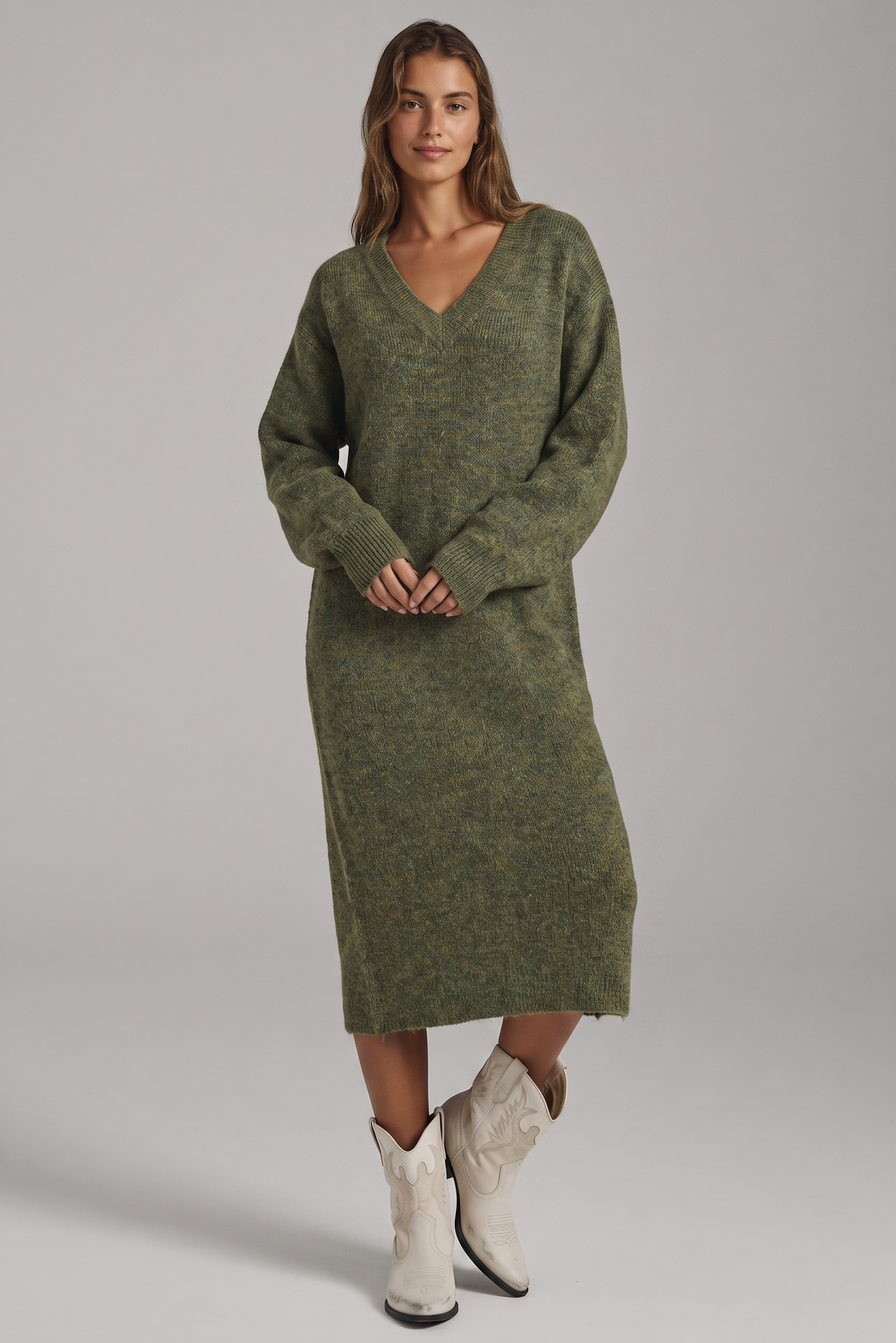 Olive Oversized V-Neck Maxi Sweater Dress
