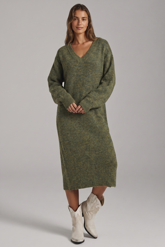Olive Oversized V-Neck Maxi Sweater Dress