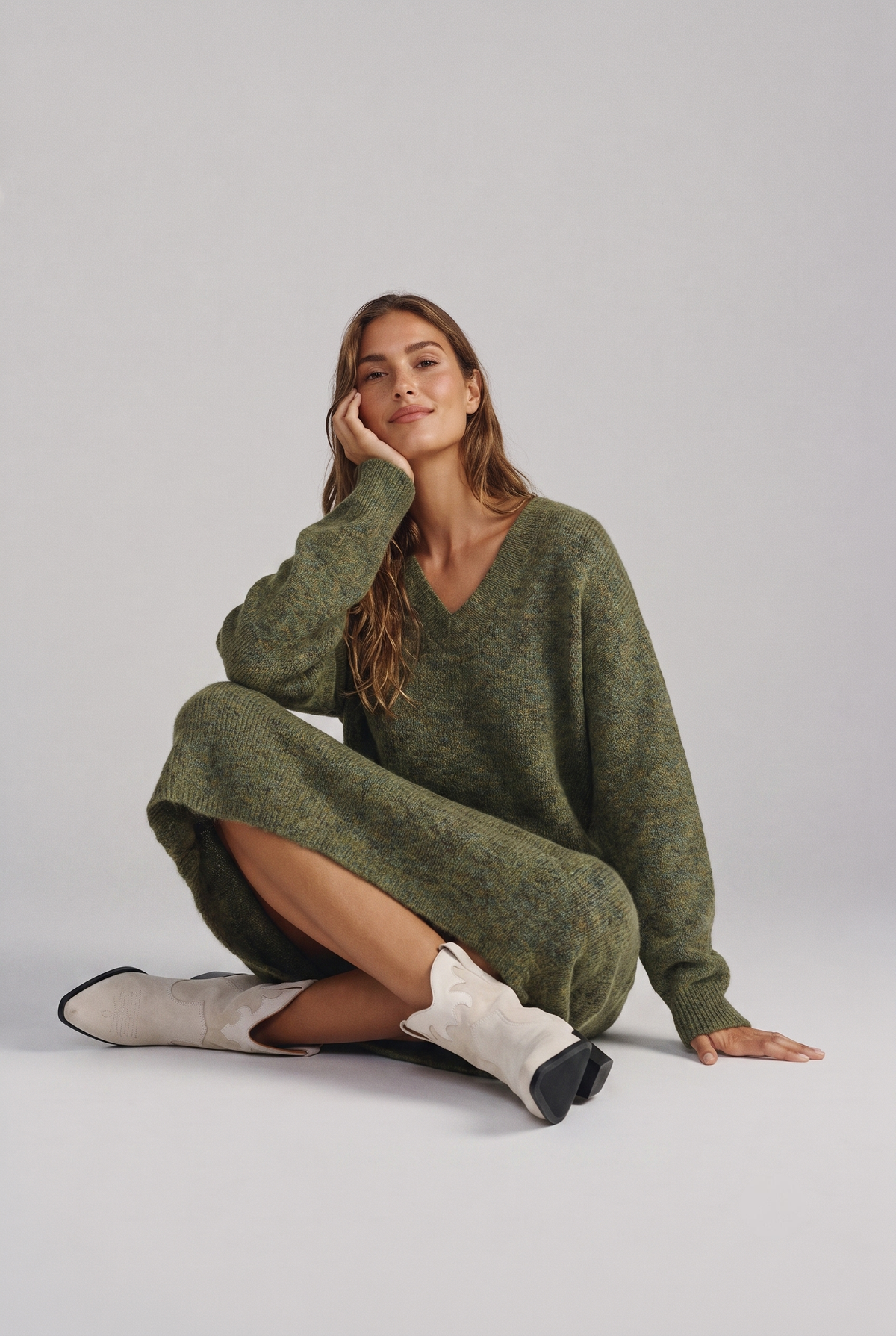 Olive Oversized V-Neck Maxi Sweater Dress