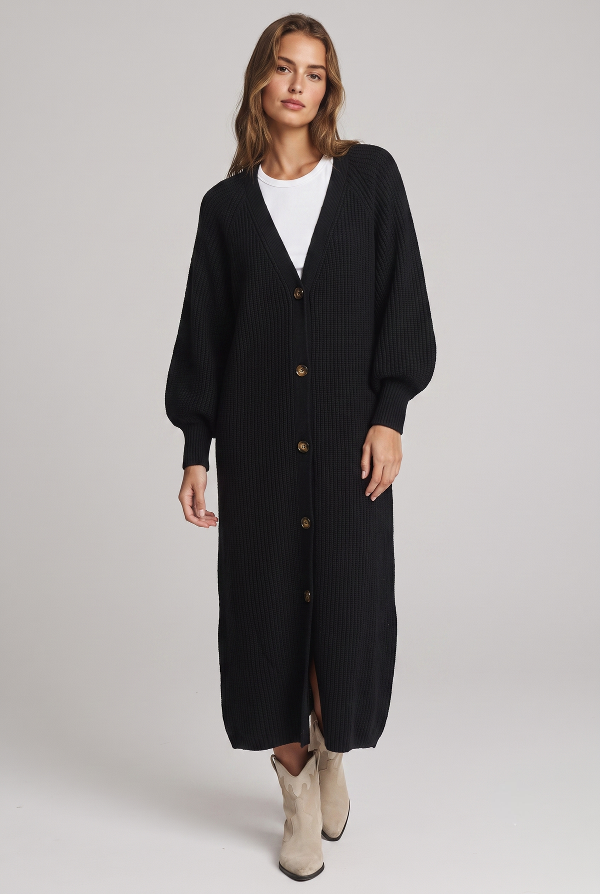 Black Button-Front Long Sweater Duster Cardigan